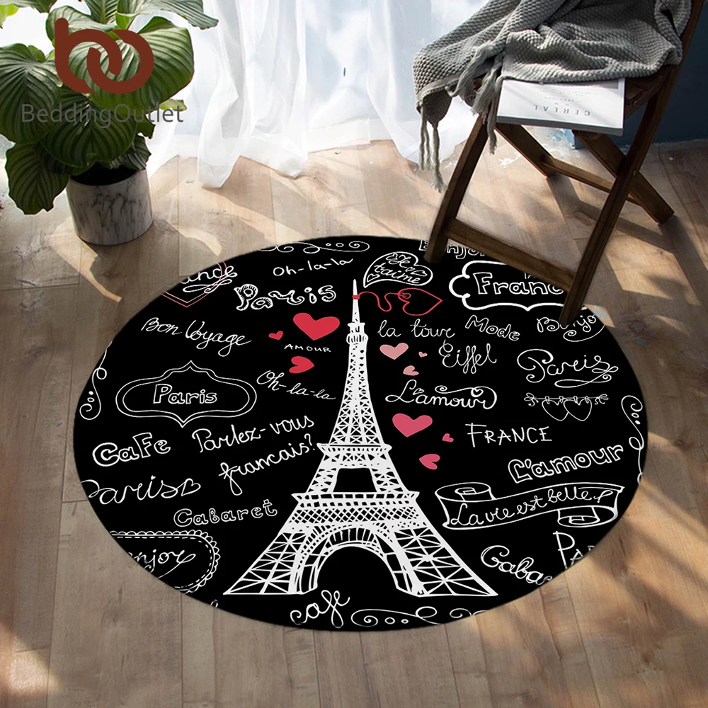 

BeddingOutlet France Paris Tower Round Carpets Letters Print Living Room Area Rug Black and White Floor Mat Kids Play Mat 100cm