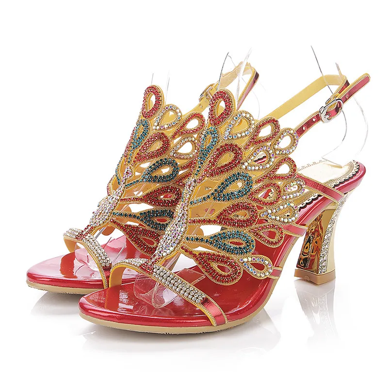 

2019 Summer New Red Large Size Peacock Pattern Hollow Diamond Sandals Buckle Open Toe Thick Heels 8CM