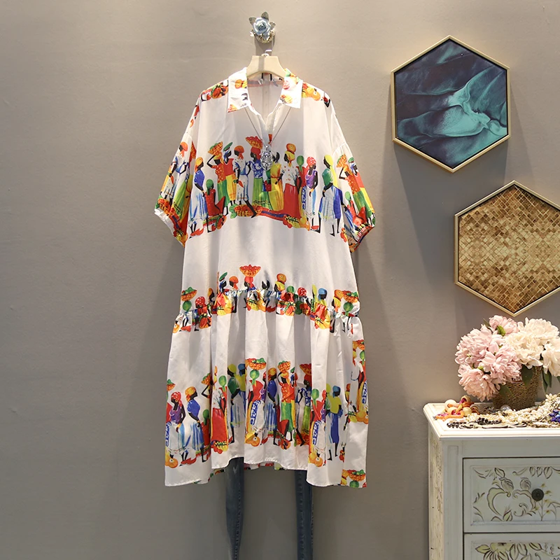 

[EWQ] 2019 Spring Summer New Pattern Lapel Short Sleeve Print Patchwork Pullovers Casaul Loose Dress Women AG39700