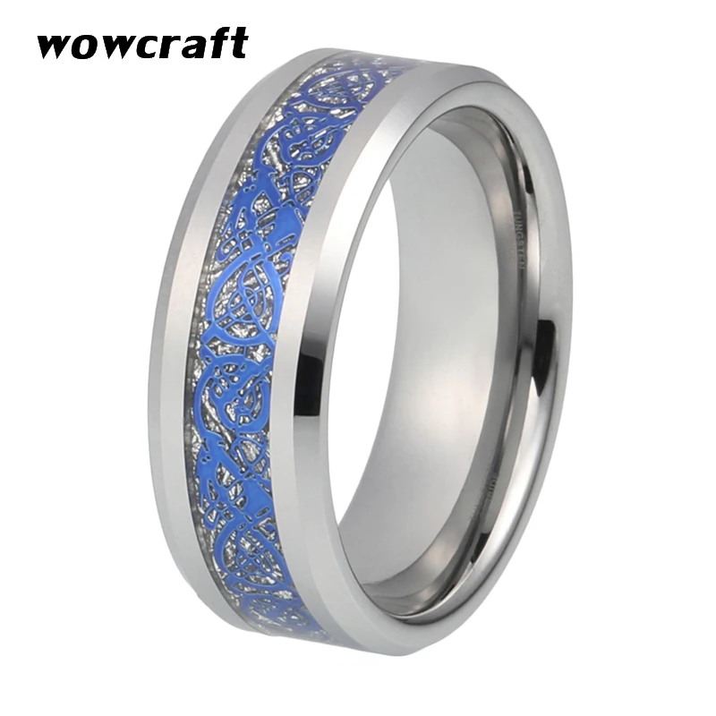 

8mm Tungsten Carbide Rings for Men Women Polished Shiny Silver Meteorite Blue Dragon Inlay Wedding Bands Comfort Fit