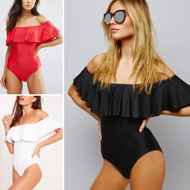 

2017 Solid Sexy Swimwear Women Monokini Swimsuit One Piece Ruffle Off Shoulder Padded Top Bathing Suit Red Black Retro Swim Wear