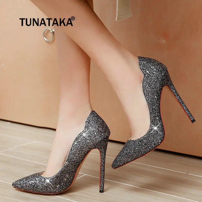 

Fashion Sequined Cloth Sexy Thin High Heel Pumps Pointed Toe Party Wedding Shoes Woman Gold White Black Purple