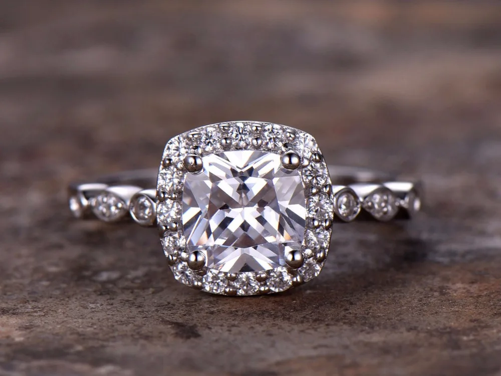 

6.5mm Cushion Cut CZ Engagement ring 925 sterling silver stacking art deco wedding band white gold plated,Bridal ring Retro