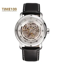 Luxury Men’s Automatic Self-wind Watch Mechanical Skeleton Watches Brown Leather Strap Gold Dial Automatic Brand Watch W042