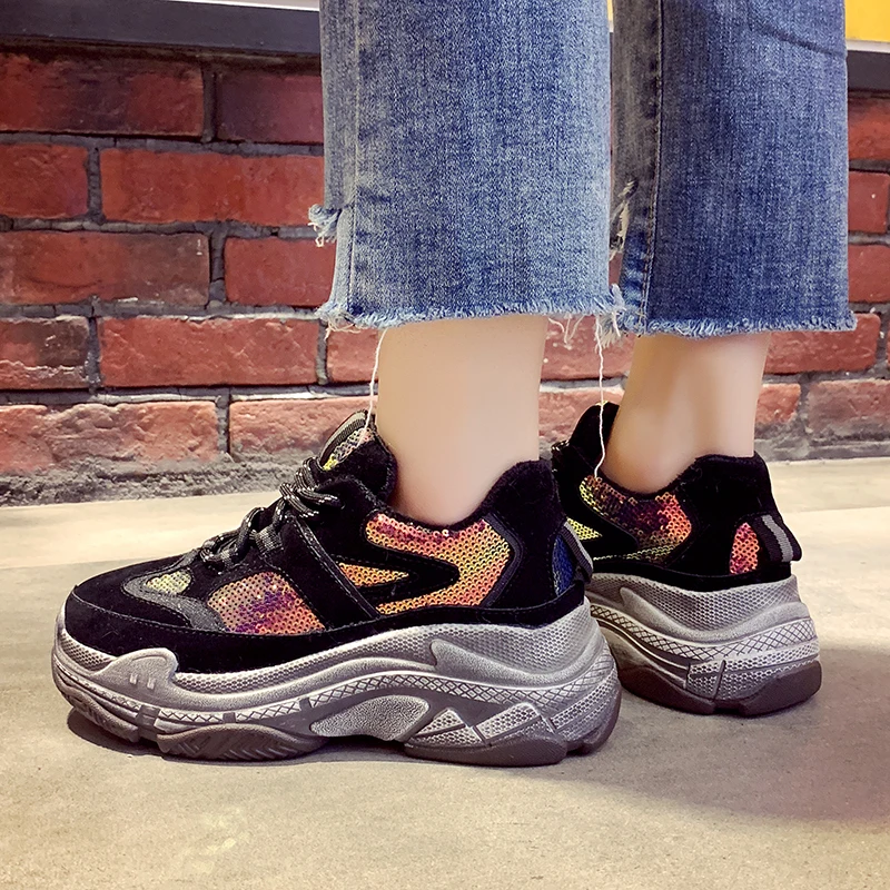 

High Quality Women Shoes Autumn Winter Sneakers Women Fashion Brand Retro Bling Glitter Platform Wedges Shoes Ladies Footwear