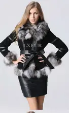 Classical Lady Genuine Leather Coat with Fox Fur Trim Collar Winter Warm Leather Overcoat Long Coat with Belt LX00188