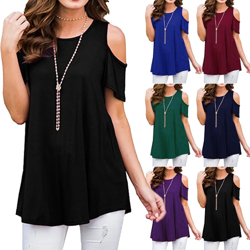 

2019 Summer Women Tshirt Tops Tee Shirt Femme Casual Short Sleeve O Neck T-shirt Solid Cold Off Shoulder Top T Shirt