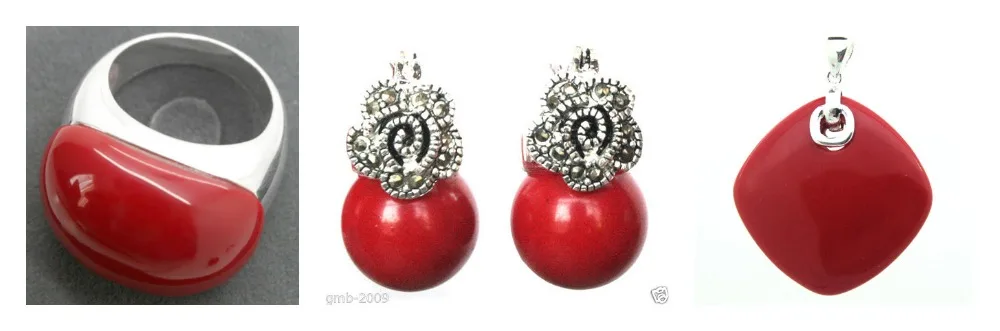 

Nice Red Carved Lacquer Marcasite 925 Sterling Silver Ring(#7-10) Earrings & Pandent jewelry sets