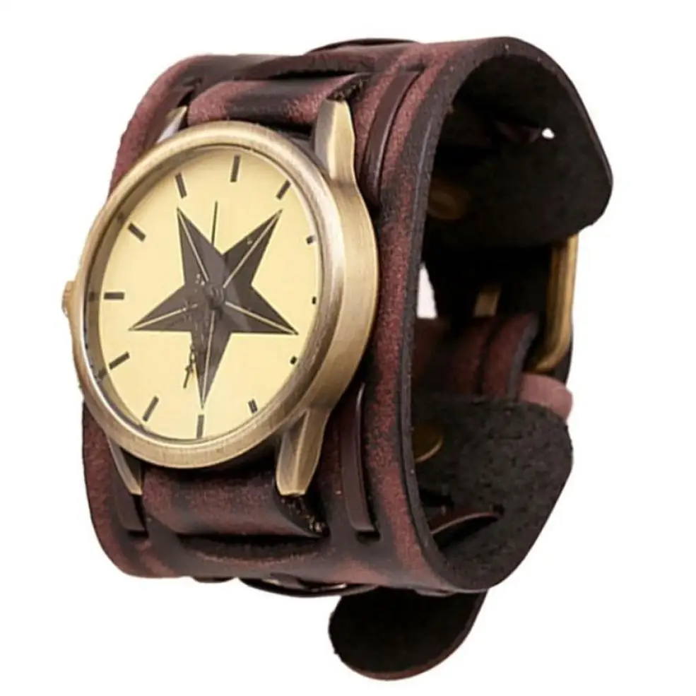 Улучшенные часы для мужчин стиль ретро панк Рок коричневый большой широкий кожаный браслет манжета Мужские часы Мужские наручные часы relogio masculino