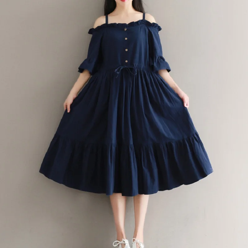 

Mori Girl Summer Women Midi Dress Slash Neck Solid Butterfly Sleeve Vestidos Femininos Strap Cotton Elegant Sweet Pleated Dress