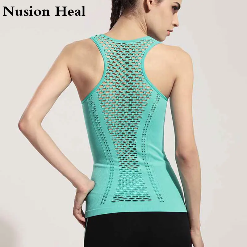 NUSION HEAL Women Yoga Shirts Mesh Shirt Ladies Fitness Running T Shirt Sleeveless Women Yoga Tops Gym Vest Fitness Sport Shirt