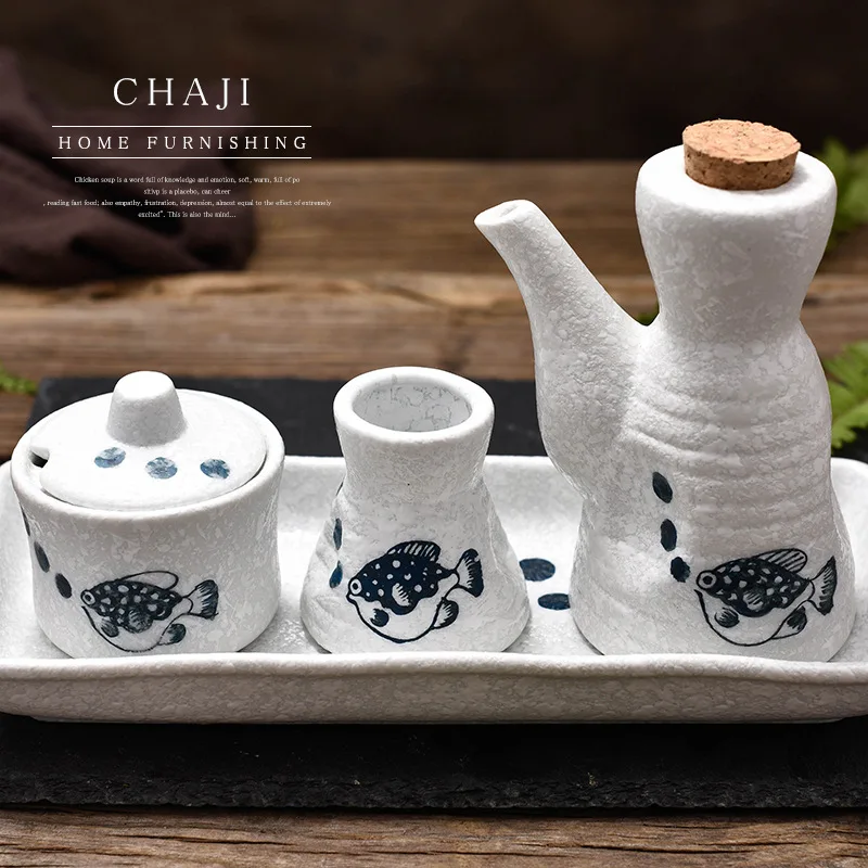 

Kitchen Hand Painted Ceramic Condiment Box Seasoning Pot Set Leak Proof Oil Bottle Vinegar Pot Seasoning Bottle