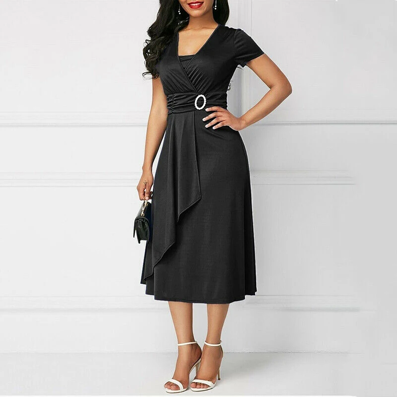 Black Женское платье, элегантное, короткий рукав, ассиметричное, одноцветное, Vestidos, v-образный вырез, высокая талия, ТРАПЕЦИЕВИДНОЕ, женское платье - Цвет: Black