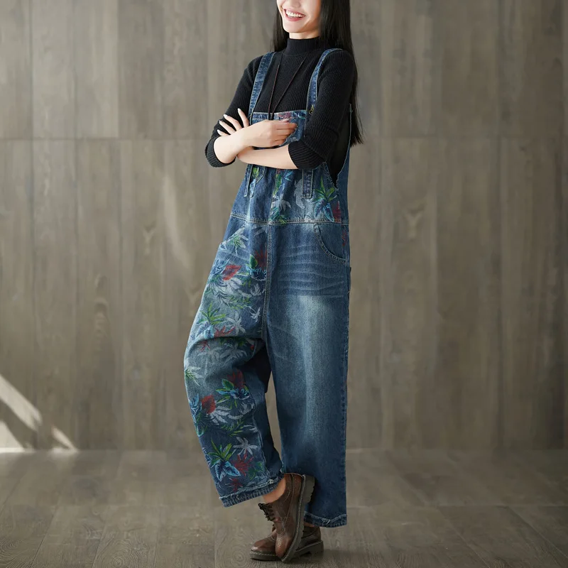 Big Jumpsuits Splicing Jeans legged Do Old Adjustable 2018 New Washing Overalls Wide Printing Rompers Yards HTwxT7qg