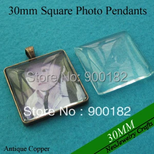 

30mm Antique Copper Square Blank Pendant Trays With Matching Clear Glass Cabochons For Custom Photo Jewelry Make