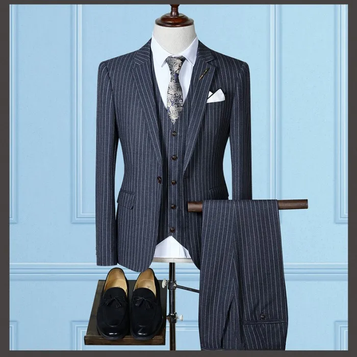 

The latest custom high quality striped men's suit groom wedding prom dress slim fit 3 piece jacket pants vest
