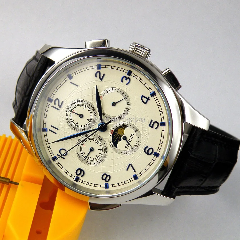 44mm white dial parnis automatic movement mechanical black leather strap blue marks multi-function mens watch124 44mm white dial parnis automatic movement mechanical black leather strap blue marks multi-function mens watch124