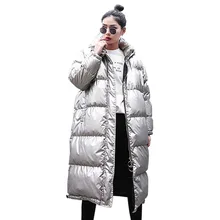 Зимняя женская куртка, длинная парка, модная уличная одежда, толстая теплая верхняя одежда большого размера с капюшоном, блестящие Серебристые пуховики для девушек