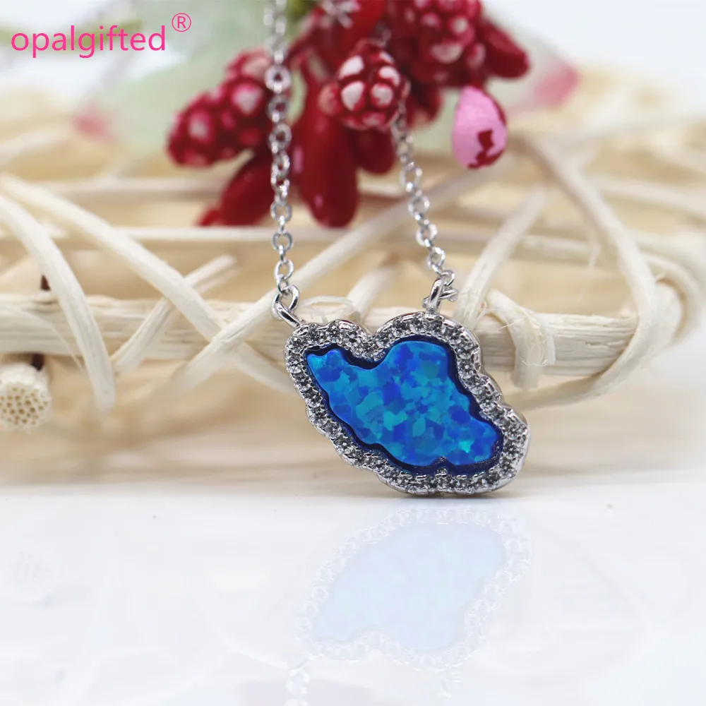 

1pc 10.2*10.3mm Map of Iran necklaces pendants for women 925 silver chain cz crystal synthetic blue opal wedding fashion jewelry