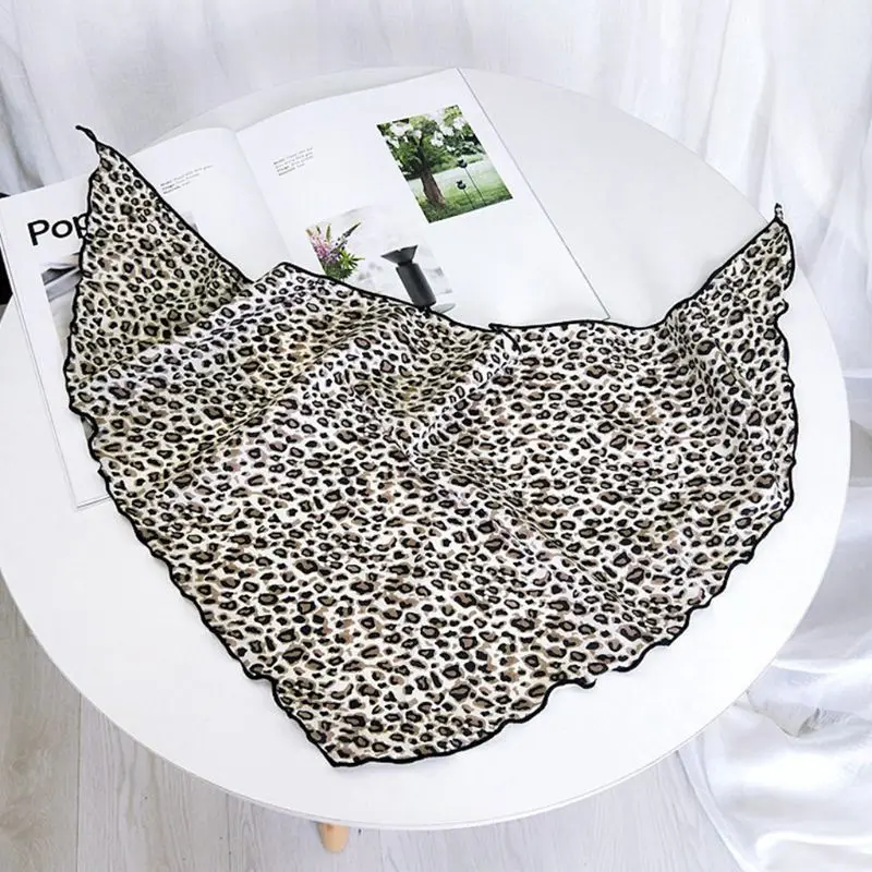 Women Leopard Printed Triangle Neck Scarf Bandana Kerchief Multifunction Hair Tie Chiffon Scarf