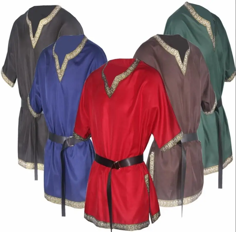 

Adult Men Medieval Knight Warrior Costume Blue Clothing Norman Chevalier Braid Viking Pirate Saxon Top Shirt For Men no Belt