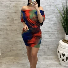 Женское летнее платье с открытыми плечами, с вырезом, с крашеным принтом, с рукавом летучая мышь, облегающее платье миди с высокой талией, мини-платья 2 цвета MH6008
