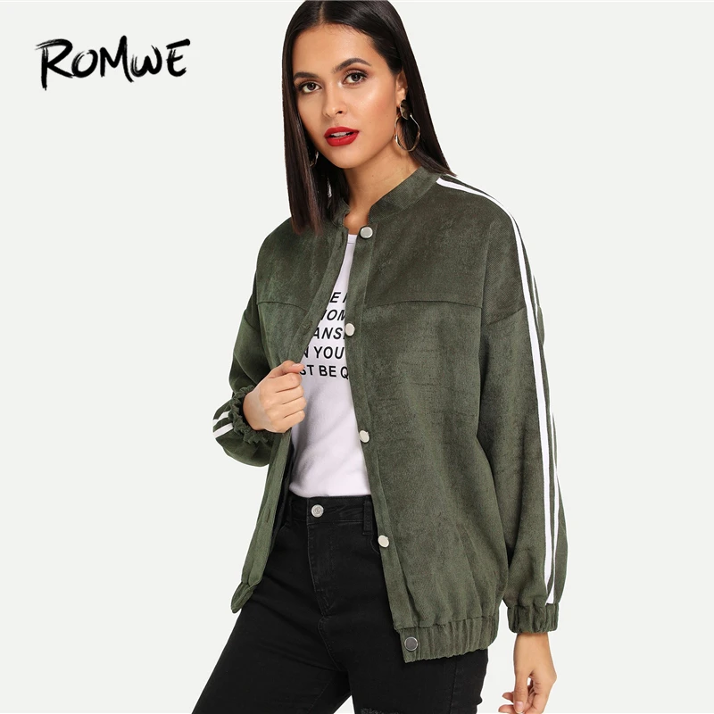 Promo  ROMWE Army Green Striped Side Womens Jackets And Coats Autumn Casual Clothes Fashion Clothing Singl