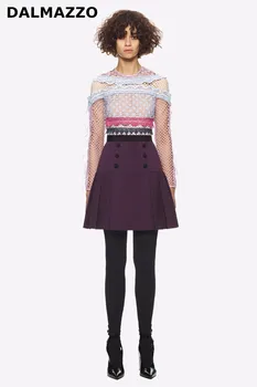 

DALMAZZO 2017 Designer Self Portrait Style Women Dress Runway Autumn Long Sleeve Hollow Out Patchwork Button Party Mini Dress