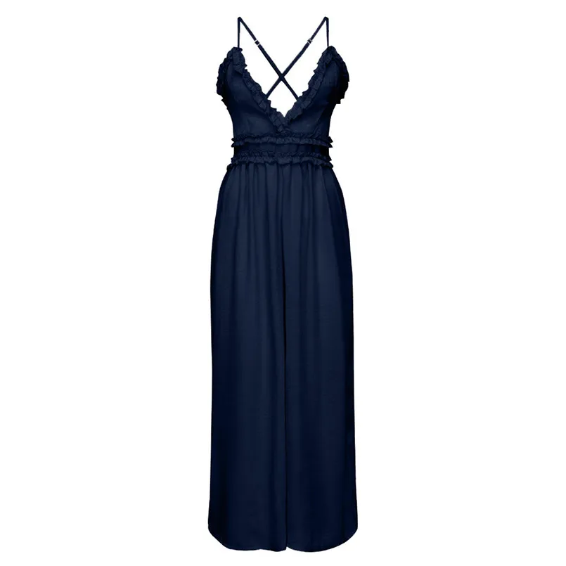 New Fashion Women Summer Sexy  Sleeveless V Neck Solid Ruffle Loose Sling Jumpsuit Elegant Lady Casual Bodysuits Playsuit #4R08 (8)