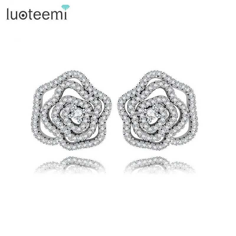 

LUOTEEMI New Love Gifts Flower Shaped Stud Earrings Jewelry White Gold-Color CZ Crystals Romantic Brincos For Women Wedding