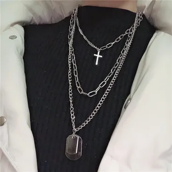 

Multilayers Punk Silver Color Chain Cross Necklace Couple Fashion Street Hip Hop Geometric Metal Pendant Necklaces for Women Men