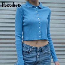 Bazaleas, модные топы Харадзюку с пуговицами, повседневная трикотажная женская футболка с длинным рукавом, женская футболка с отложным воротником, Прямая поставка