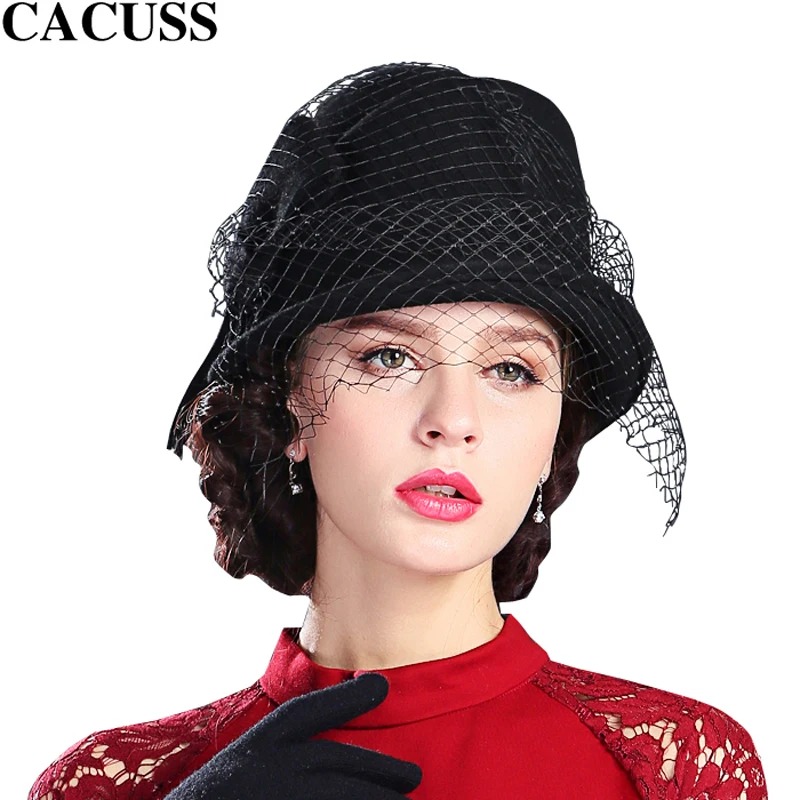 CACUSS England Australian Wool Felt Hats For Women Fedora Bow Blue