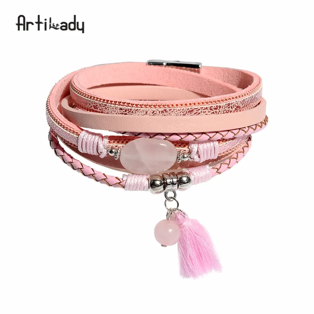 

Artilady pink quartz bracelet leather bracelets bangles for women boho jewelry gift dropshipping