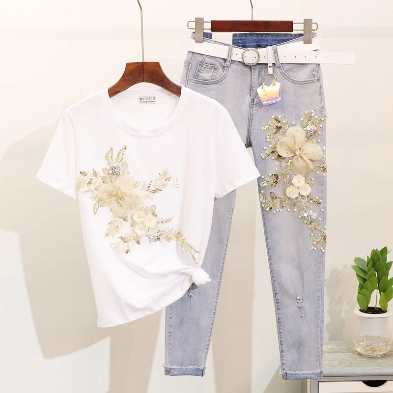 

Summer Vintage Jeans Set Women Two Piece Suit Studded Sequins Embroidered Flower Short-sleeved T-shirt + Holes Denim Pants Girl