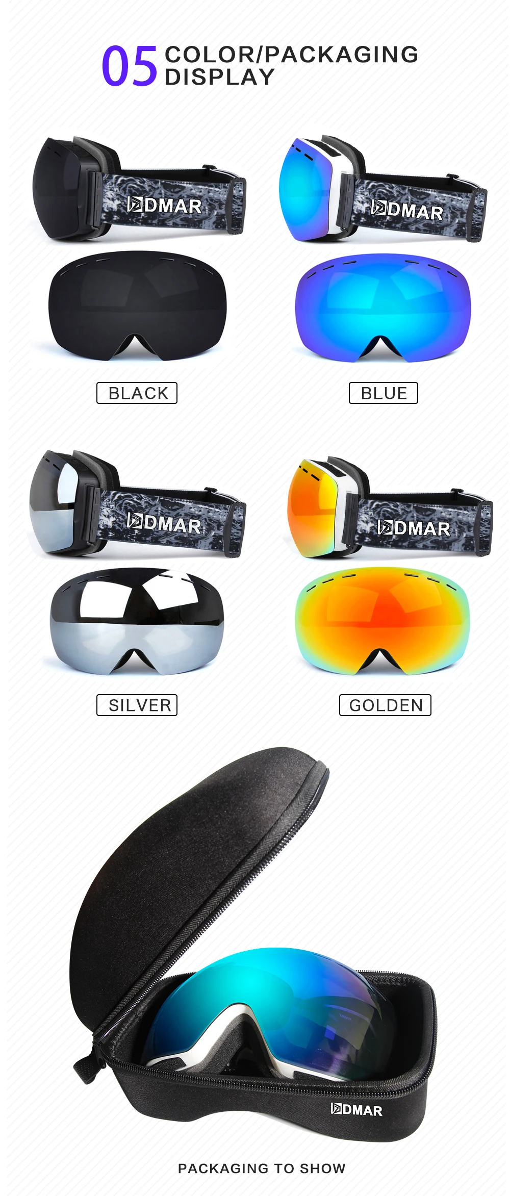 DMAR ski goggles spherical anti-fog Protection double layers keep warm big lenses glasses men women snow goggles skating