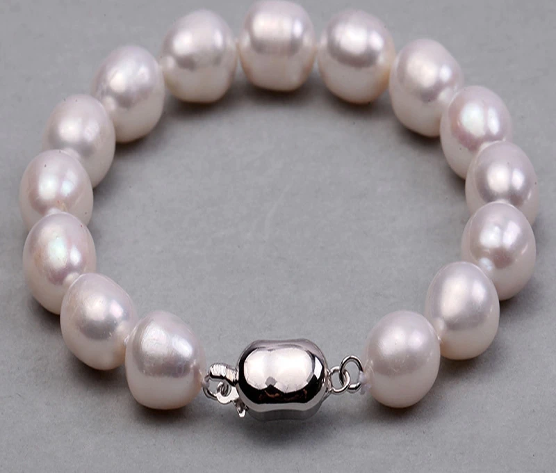 

Men Big Pearl Bracelet 9-10mm Oval White Freshwater Pearl Bracelet Women Gifts
