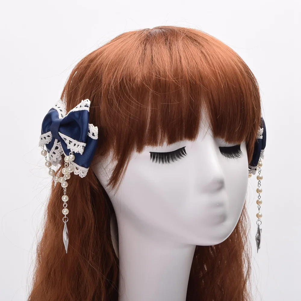 

1 Pair Lolita Bowknot Hairpin Bead Chain Star Cute Kawaii Hair Clip Cosplay Props