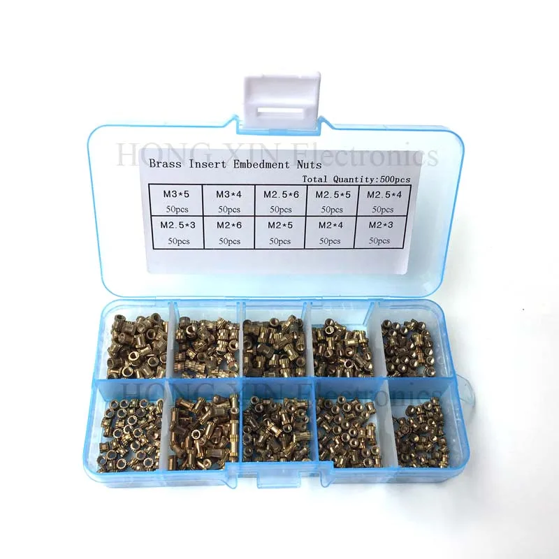 Comprar 500 unids set insertar empotramiento tuercas inyección tuerca latón insertar tuercas moleteadas herramienta de moleteado piezas incrustadas sujetador