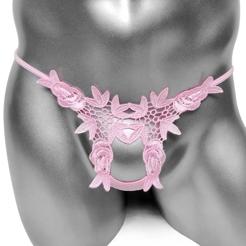 

Embroidery Sexy Lingerie For Sissy Thong Panties Open Crotch See Through Mens G String Underwear New Exotic Male Bikini Panties