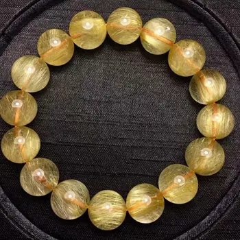 

13mm Natural Gold Rutilated Quartz Titanium Stretch Crystal Beads Bracelet