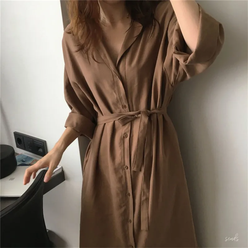 

2018 Spring Autumn Trench Coat Women Long Solid Turn-down Collar Lace Up Single Breasted Loose Trench Outwears For femme YYSP01