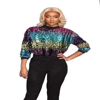 

New Autumn Fashion Colorful Sequins Spliced Hoodies Women O-Neck Long Sleeve Casual Tees Loose Streetwear