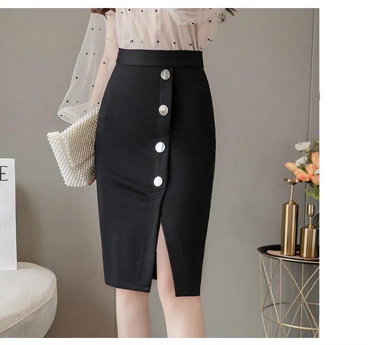 Новая однобортная юбка с высокой талией, Женская Осенняя элегантная юбка-карандаш с разрезом, Офисная женская Юбка-миди, черный/R