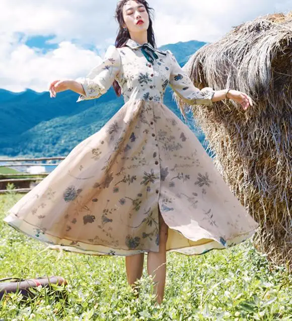 Высокое качество, весна, Новое поступление, элегантное женское длинное платье с воротником Питер Пэн и цветочным принтом - Цвет: Бежевый