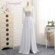 Dressgirl Sexy 2017 Prom Kleider A-line V-ausschnitt Mit Langen Ärmeln Weiß Chiffon Spitze Schlitz Lange Abendkleid Abendkleider Abendkleid