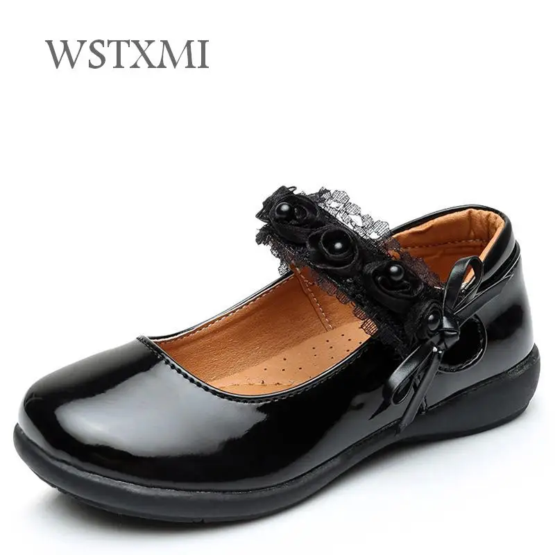 

Children Shoes for Girls School Leather Shoes Dress Flower Wedding White Black Brand Kids Flat Princess Etiquette Student Shoes
