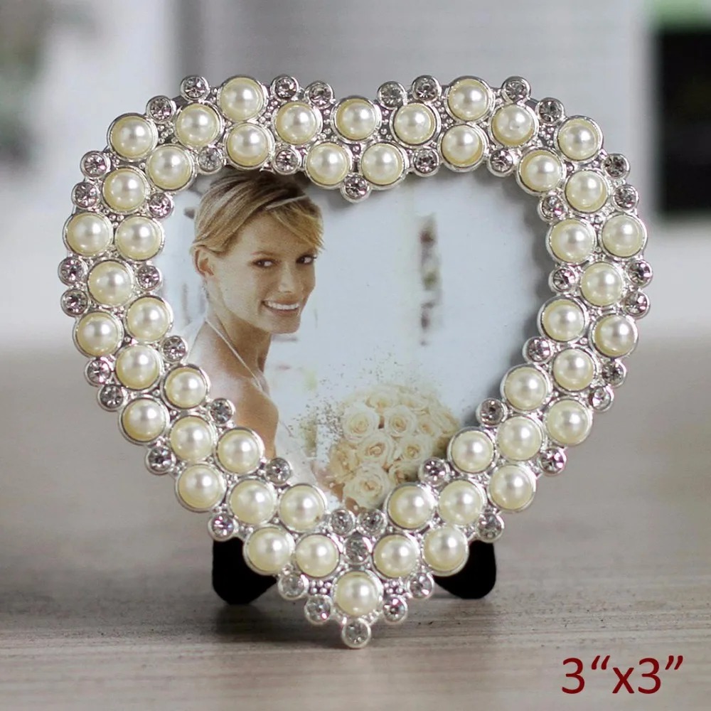 

Heart Shaped Silver Plating with White Pearls and Crystals Jeweled 3 inches Metal Wedding Picture Frame