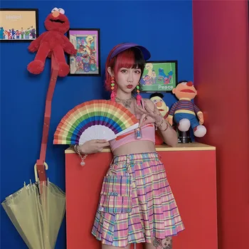 

Preppy Style Rainbow Plaid Pleated Lady Skirt Above Knee High Waist Summer Spring Ruffles A-line Women Skirt