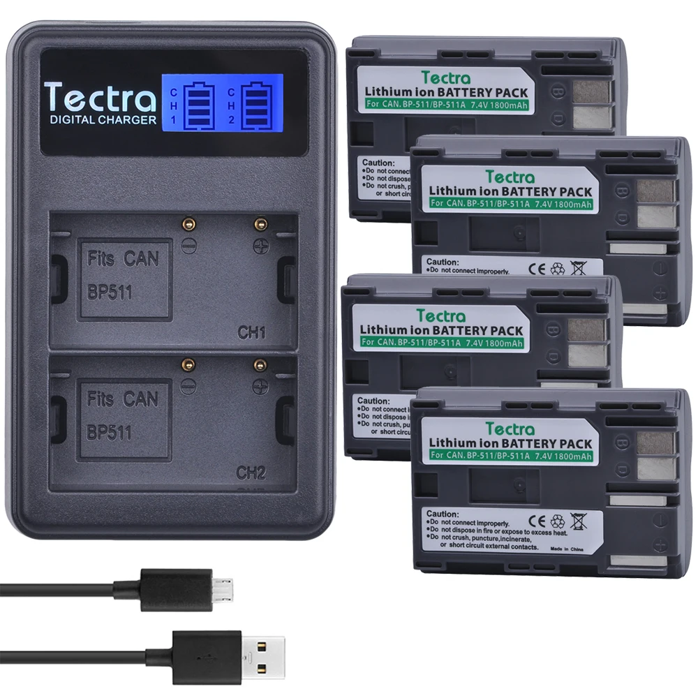 Tectra 4 X Bp-511A Bp 511 Li-Ion Battery + Usb Lcd Caricabatterie Doppio Per Canon G6 G5 G3 G2 G1 Eos 300D 50D 40D 30D 20D 5D